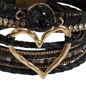 Black Multi-Strand Wrap Bracelet Gold Tone Heart Charm Rhinestone